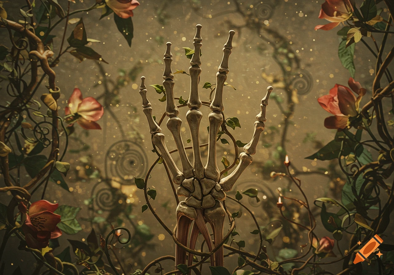 A skeleton hand entwined with green vines and red flowers, surrounded by golden sparkles on a vintage, earthy background.