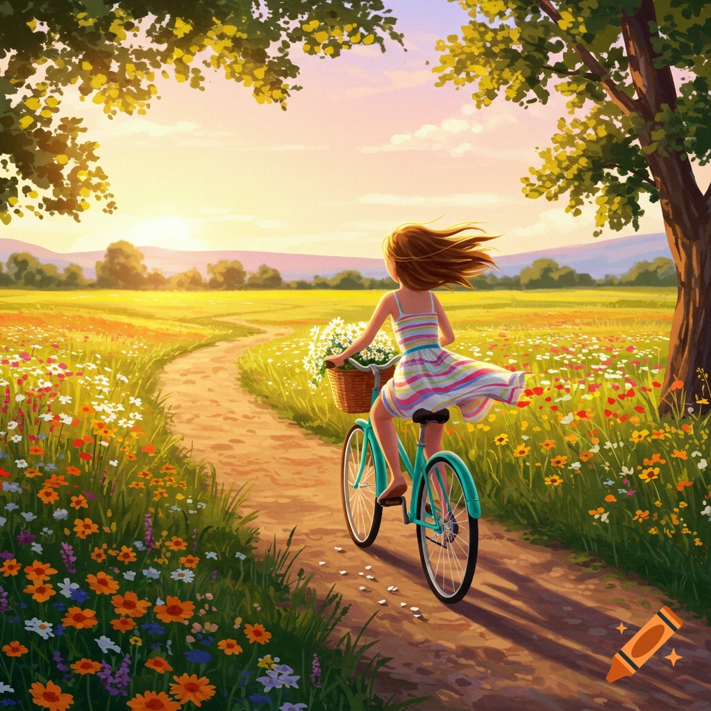 A vibrant illustration of a girl with flowing hair riding a teal bicycle on a dirt path through a field of colorful wildflowers at sunset.