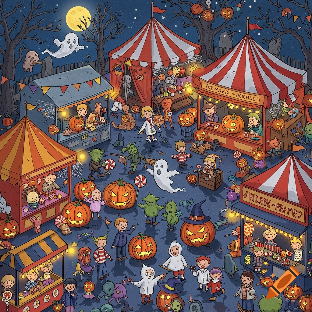 A detailed, cartoon-style illustration of a crowded Halloween carnival at night with children and monsters in costumes, pumpkins, and festive tents under a full moon.