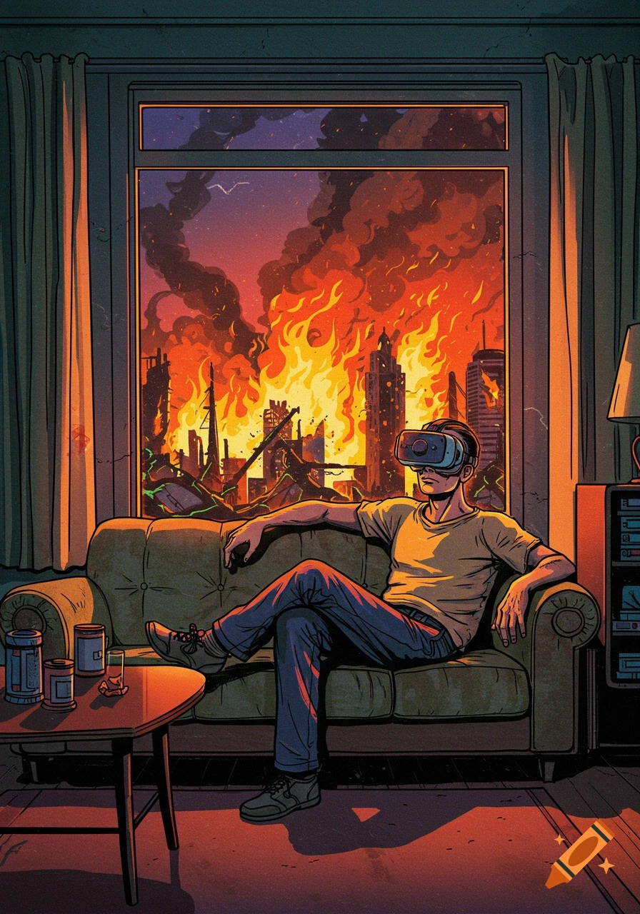 A man in a VR headset relaxes on a couch, oblivious to the burning, apocalyptic city outside his window, in a comic book style illustration.