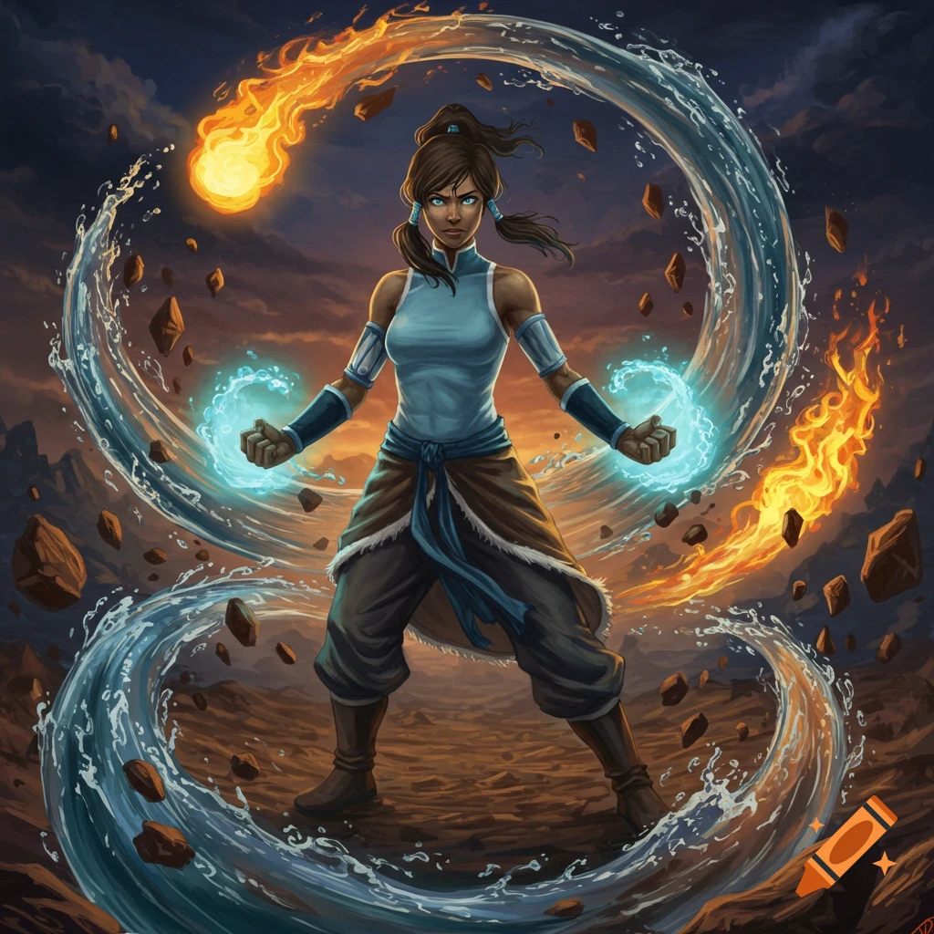 Korra, a powerful female character, stands poised with glowing hands, surrounded by dynamic swirling water, fire, and floating rocks in a dramatic animated style.