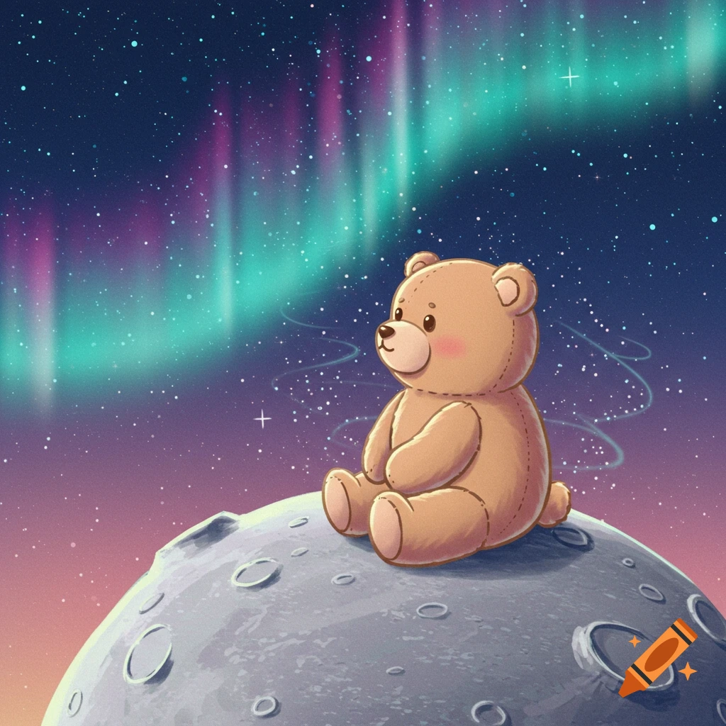 A cute cartoon teddy bear sits on a cratered moon under a starry night sky with vibrant pink and teal aurora borealis.
