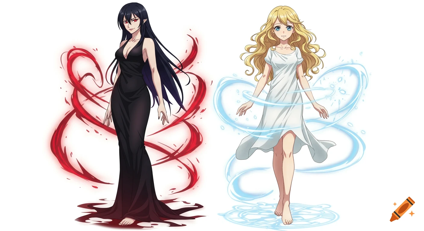 Two anime women in mirrored poses; one with black hair and a black dress with red magic, the other with blonde hair and a white dress with blue magic.