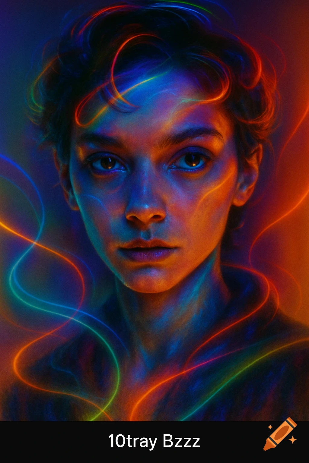 Vibrant close-up portrait of a person with short hair, illuminated by swirling neon light trails in blue, orange, and red against a dark background.