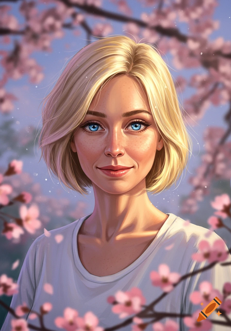 Digital painting of a smiling blonde woman with bright blue eyes and short hair, surrounded by pink cherry blossoms.