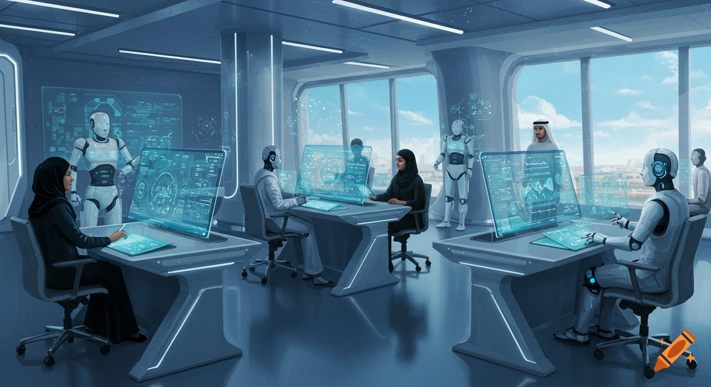 A futuristic office in the UAE with people in traditional dress and robots interacting with holographic computer screens.