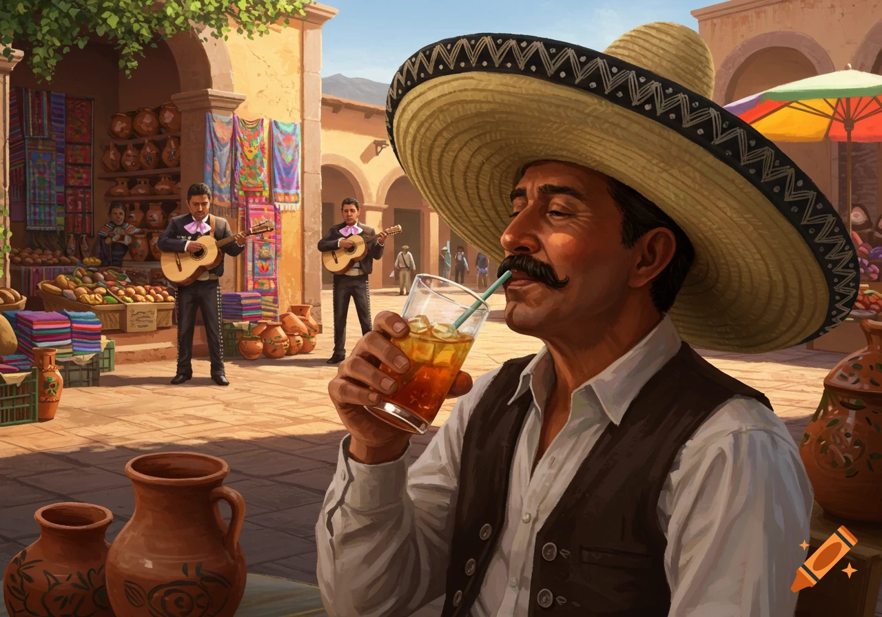 A man in a sombrero sips a cold drink in a sunny, colorful Mexican market where mariachis play.