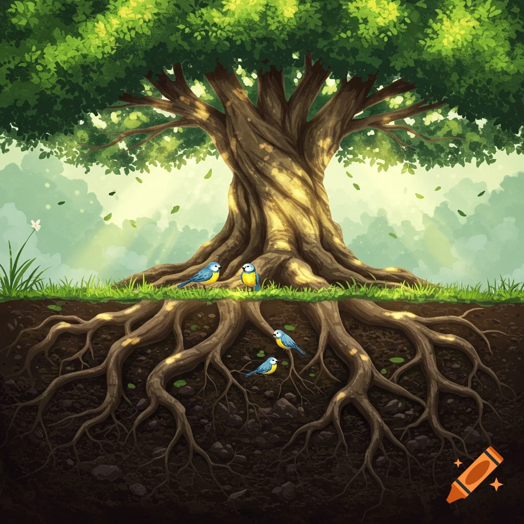 Stylized illustration of a large tree with its roots exposed above and below ground, with blue and yellow birds.