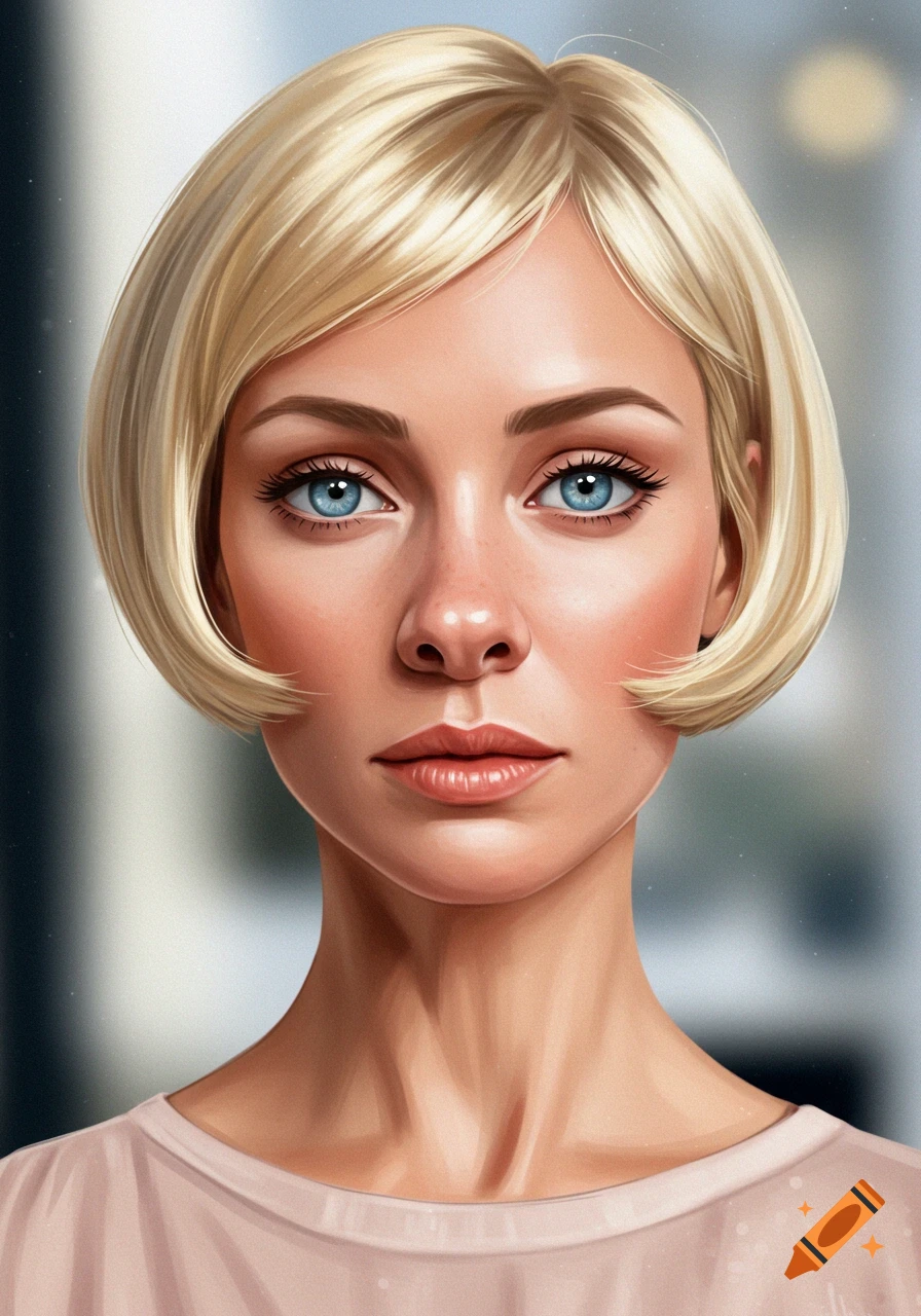 Close-up digital art portrait of a woman with short blonde hair, blue eyes, and high cheekbones.