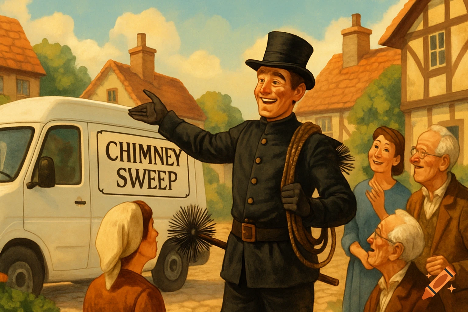 A cheerful chimney sweep in uniform gestures from a white van to smiling villagers in an illustrative village scene.