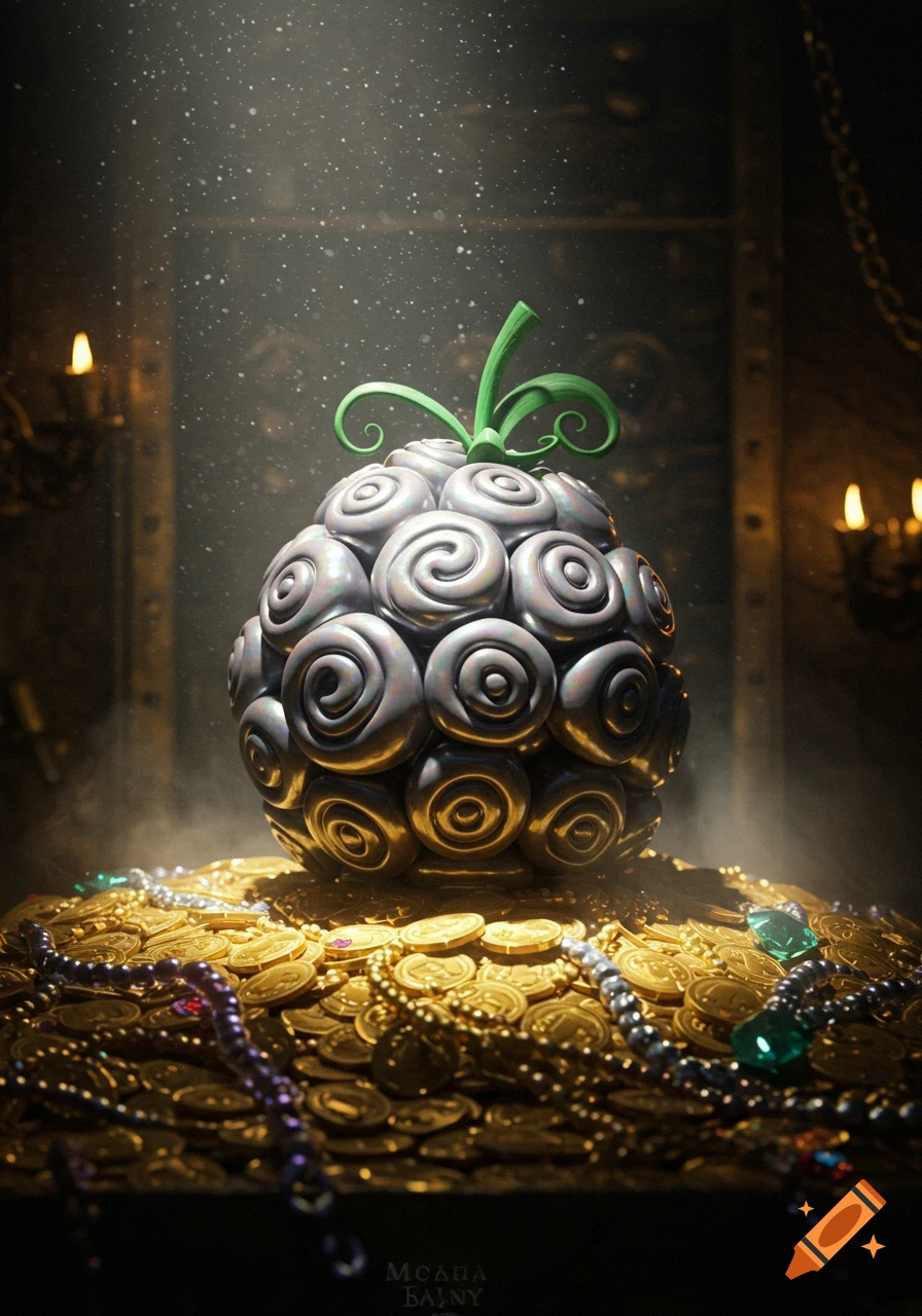 A photorealistic dark, swirled fantasy fruit sits atop a sparkling pile of gold coins and jewels in a dimly lit treasure room.