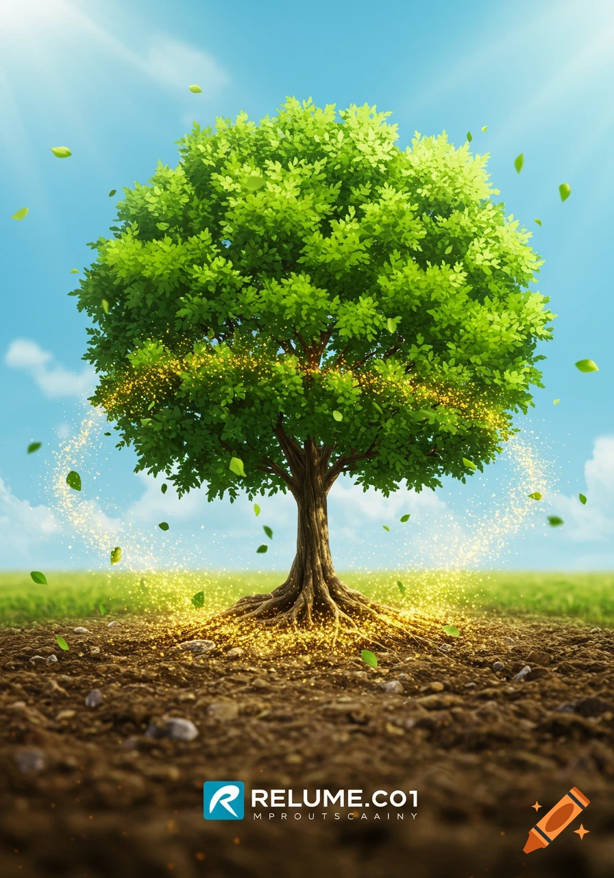 A lush green tree with visible roots stands in brown soil, sparkling golden particles emanating from its base and floating around, under a bright blue sky.