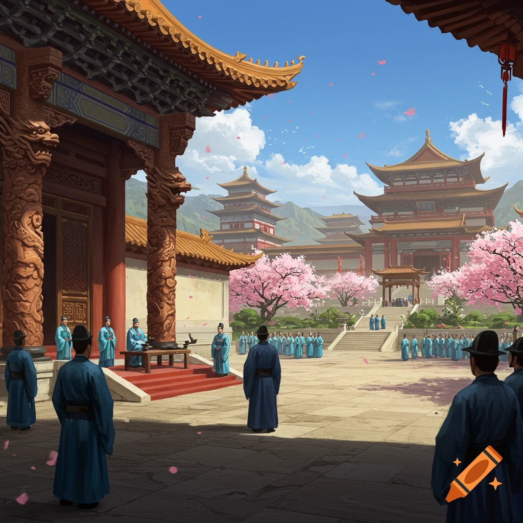 An ancient Chinese palace complex with ornate red and gold buildings, cherry blossom trees, and many people in blue traditional attire in a large courtyard, under a blue sky with mountains in the background.
