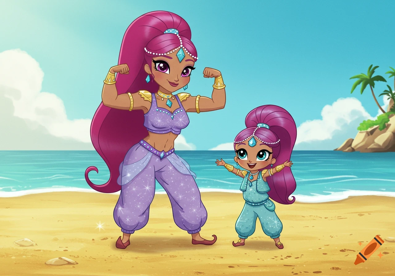 A cartoon genie mother flexing her biceps at the beach while her daughter happily stands beside her, both with pink hair.