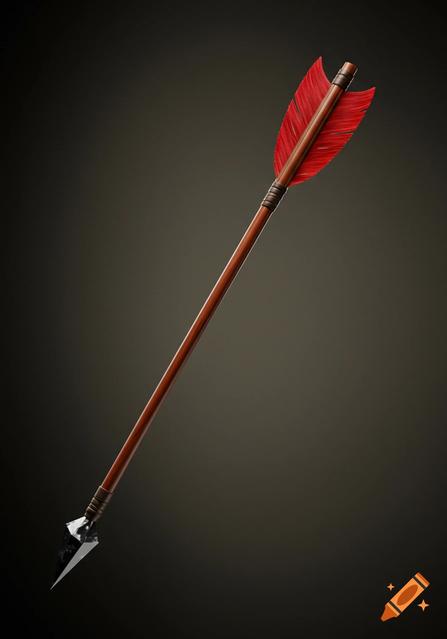 A single arrow with a brown shaft, red fletching, and a dark metal arrowhead against a dark background.