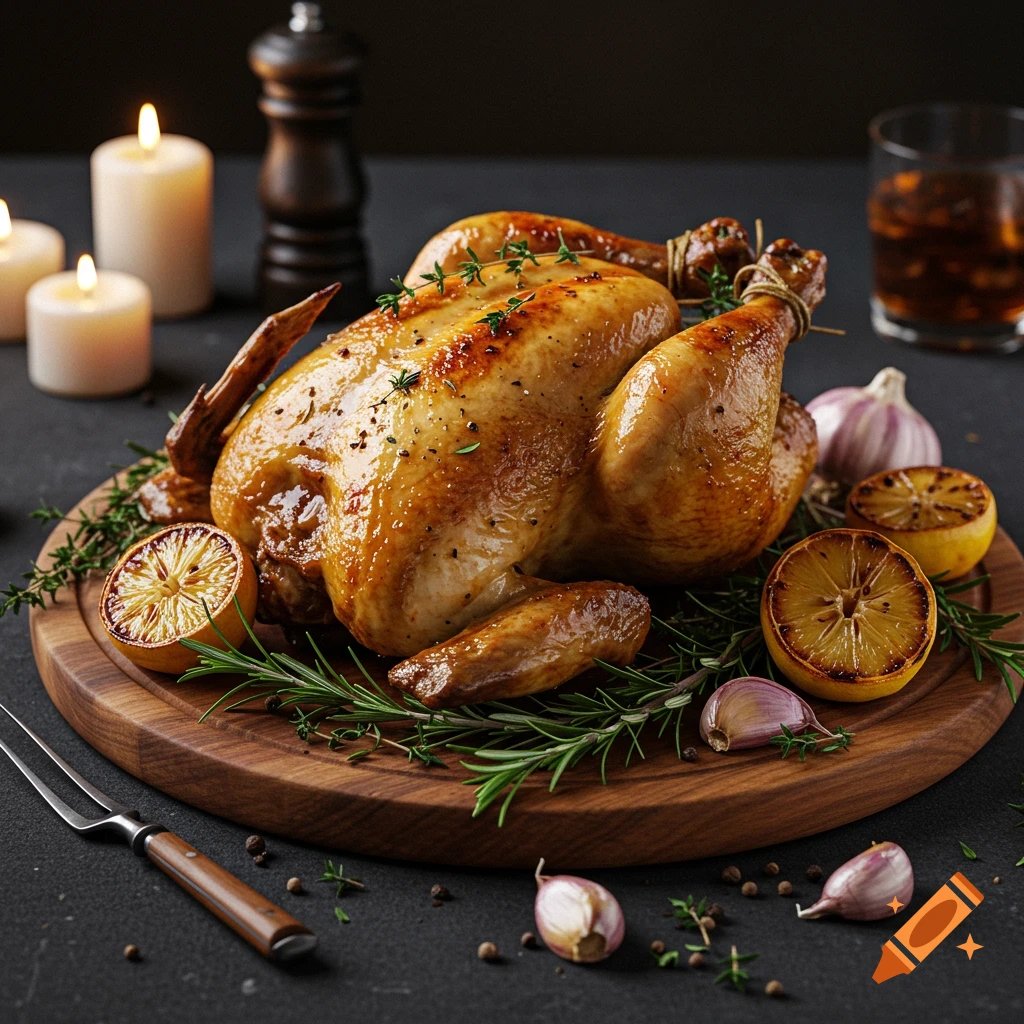 A whole roasted chicken garnished with rosemary, thyme, garlic, and charred lemon slices on a wooden board, with lit candles in the background.