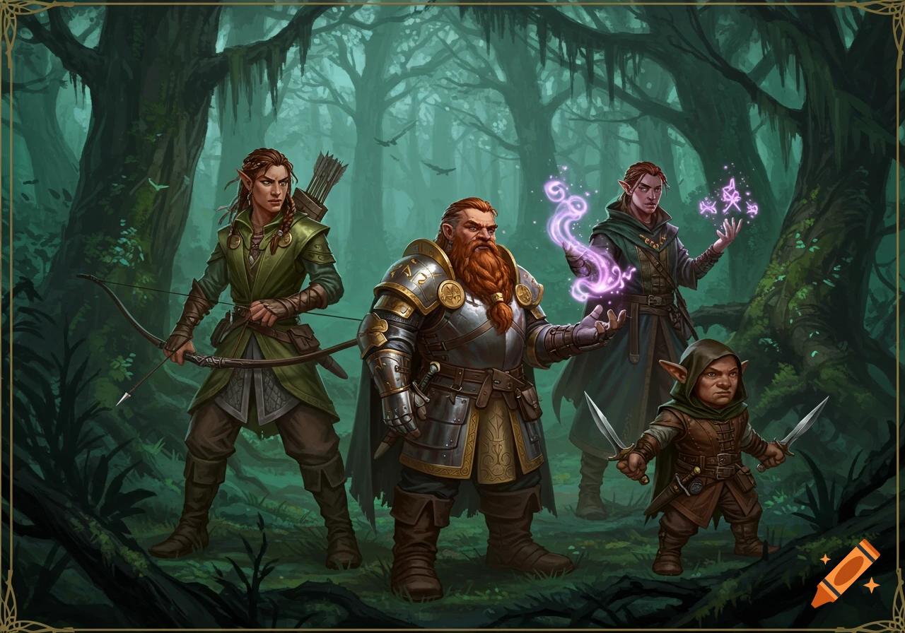 Four fantasy adventurers: an elf archer, dwarf warrior, elf mage, and goblin rogue in a dark forest.