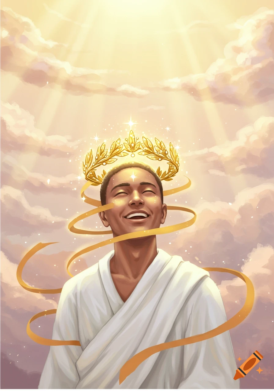 A joyful person in a white robe with a golden laurel crown, looking up at golden light and clouds in an illustrative style.