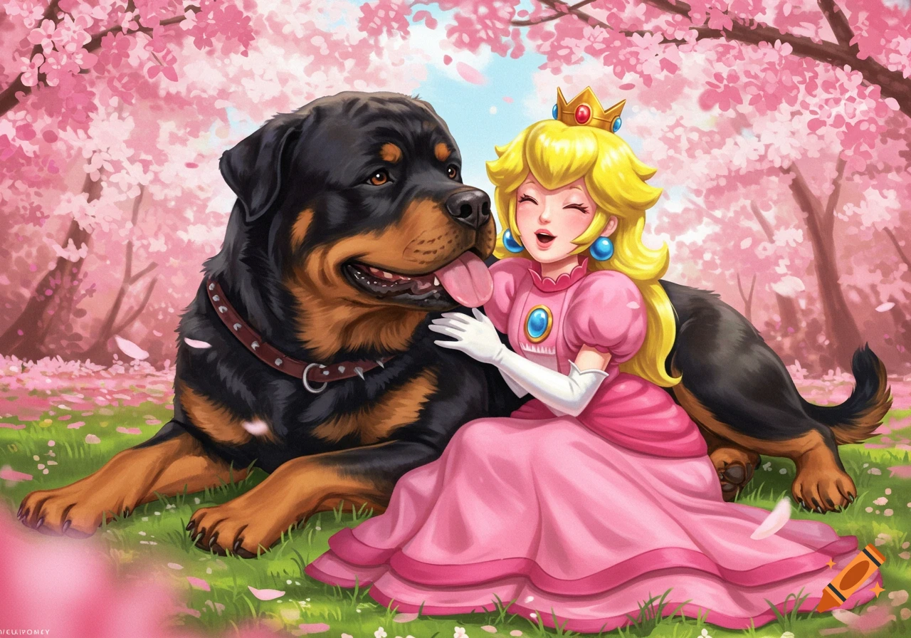 Princess Peach sits with a large Rottweiler under pink cherry blossom trees, with the dog licking her face in a vibrant anime style.