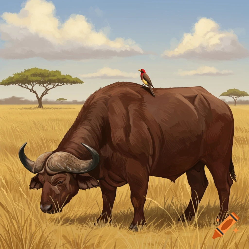 An illustration of a large brown buffalo with a red and black bird on its back in a golden savanna under a cloudy sky.