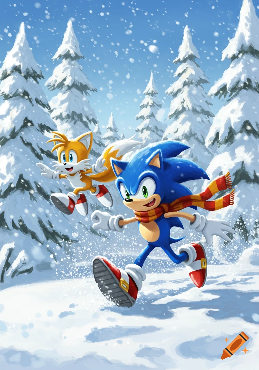 Sonic the Hedgehog and Tails run happily through a snowy forest with pine trees.