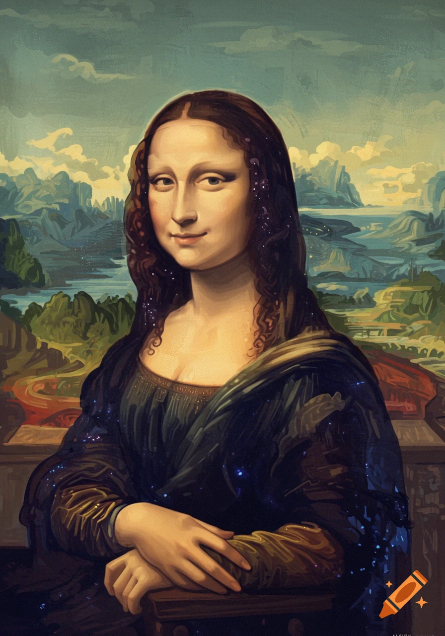 Stylized portrait of the Mona Lisa with starry hair and dress, hands clasped, against a serene landscape background.