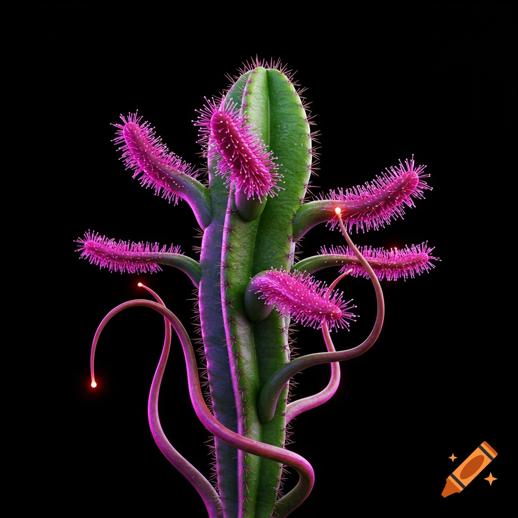 A vibrant green cactus-like plant with glowing pink, fuzzy appendages and tendrils against a black background.