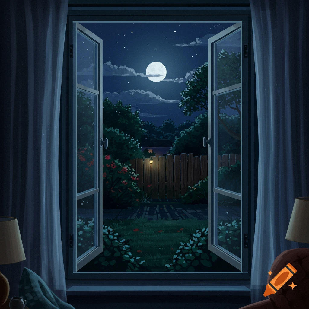 A stylized nighttime view through an open window shows a full moon, starry sky, and a lush garden with a fence and a glowing lantern.