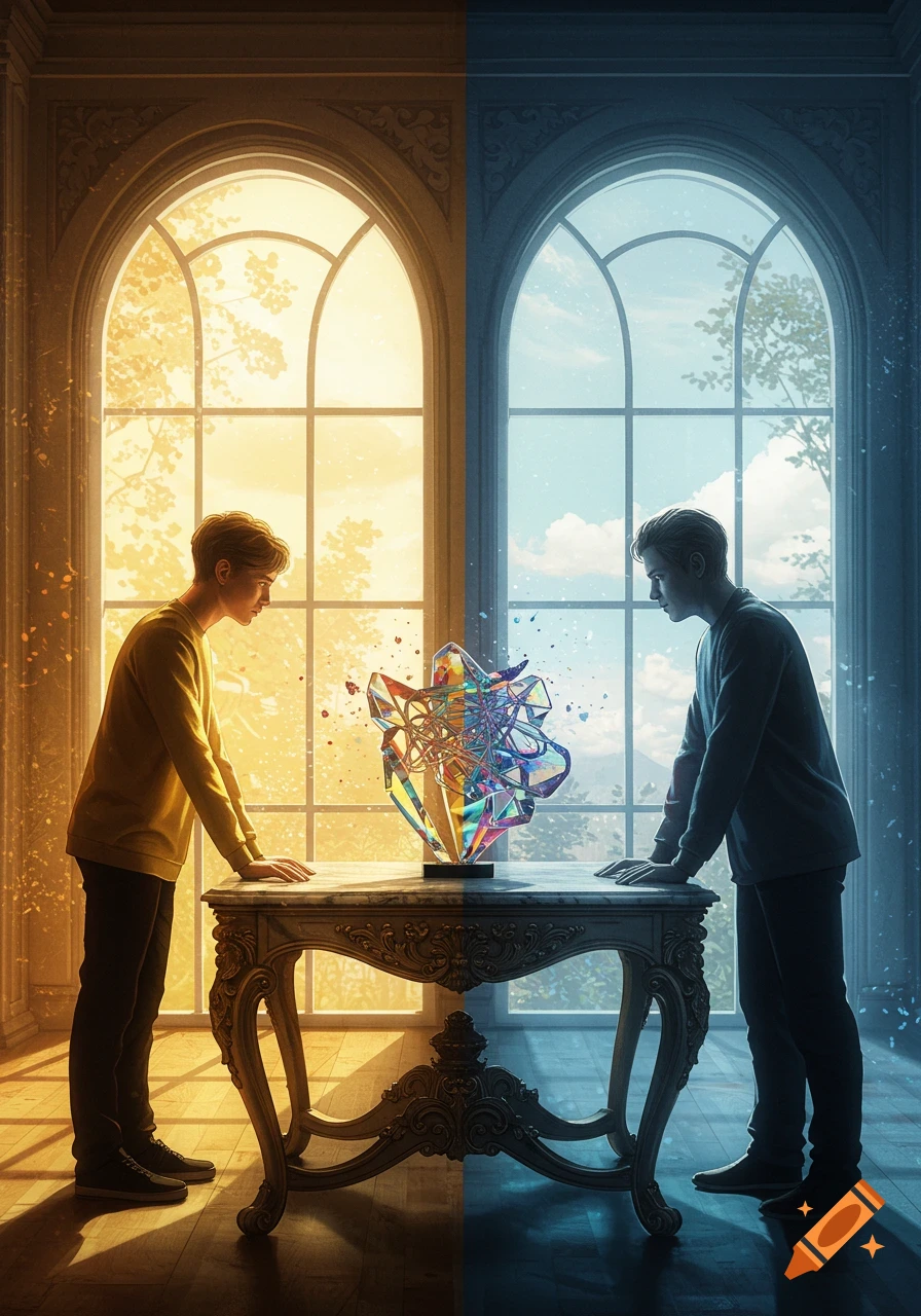 Two men in a grand room, one in golden light, one in blue shadow, gaze at a colorful, fractured crystal on an ornate table.