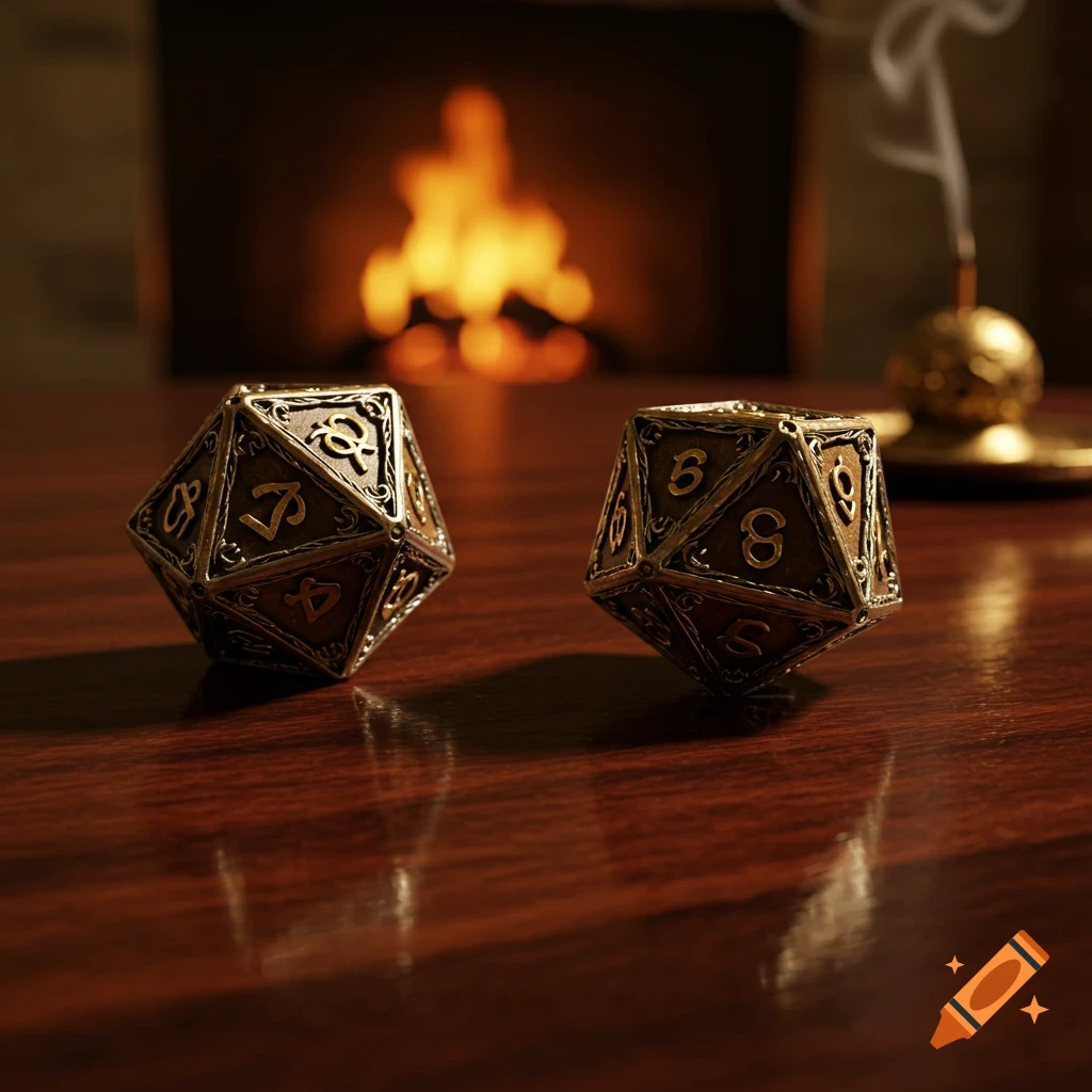 Two ornate metal dice on a wooden table by a fireplace with an incense stick, photorealistic.