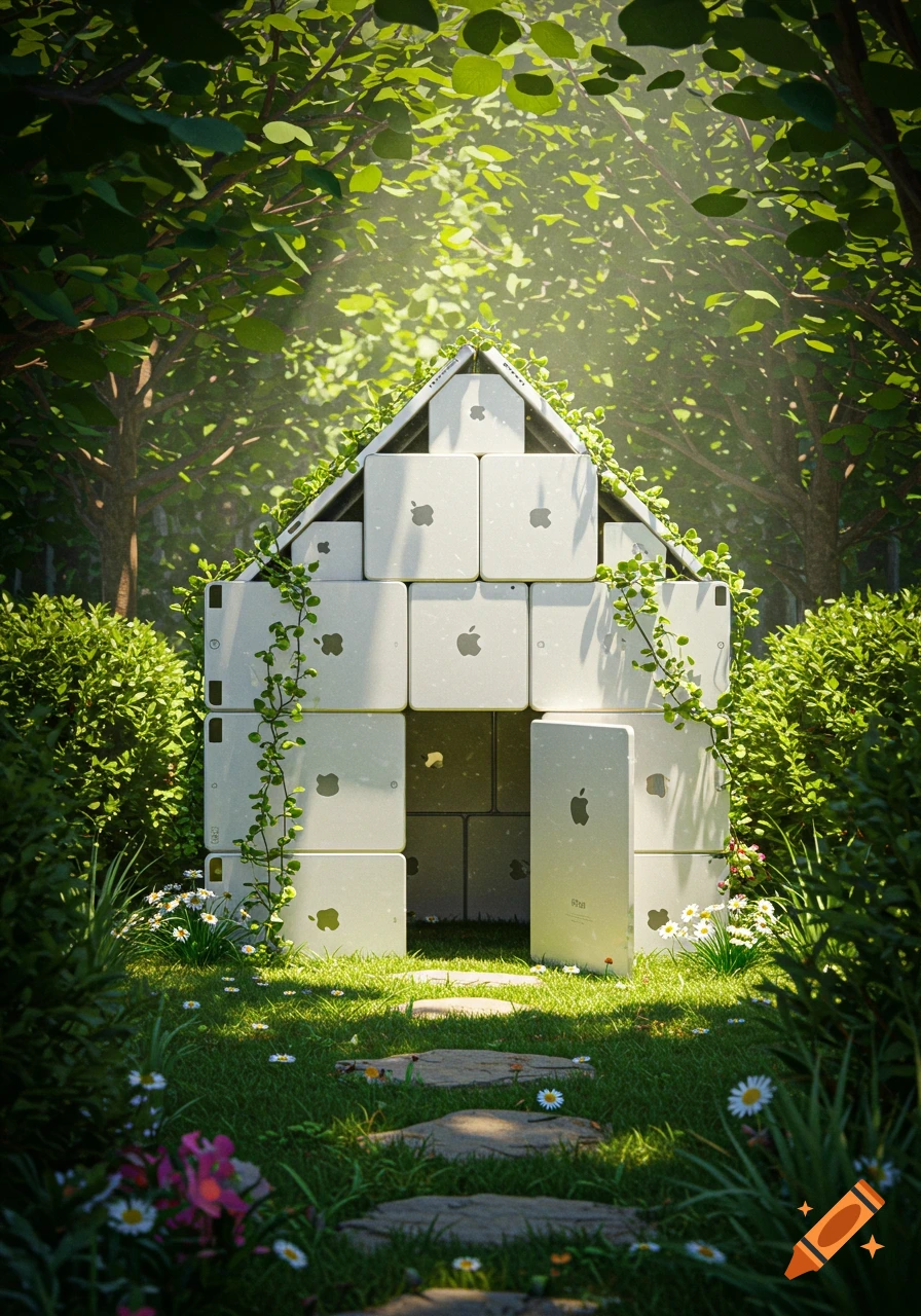 A small cubby house made of white iPads, covered in green vines, in a sunlit forest clearing with a stone path and wildflowers.