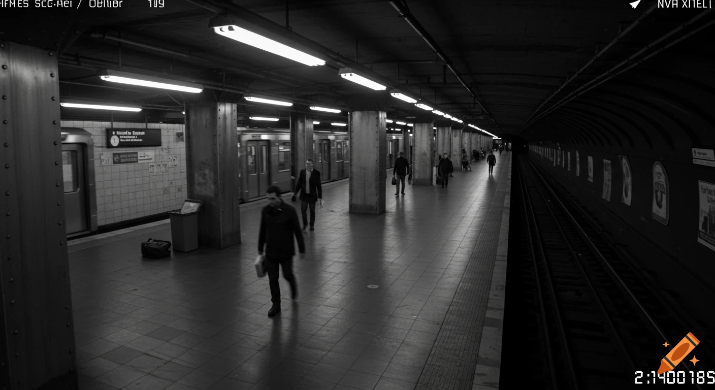 A black and white, grainy CCTV-style shot of a dimly lit subway station, with a train on the left and several blurry figures walking on the platform. Text overlays are visible.