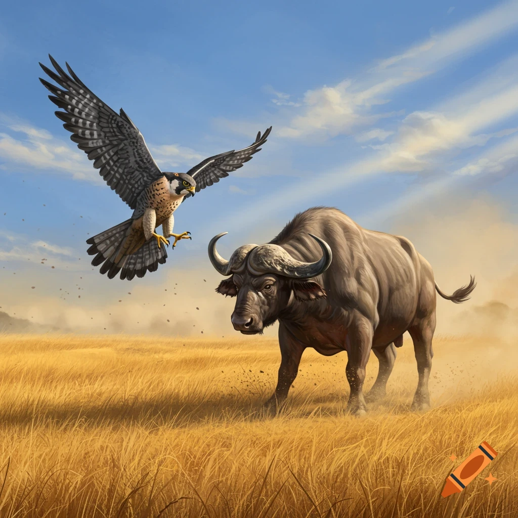 A peregrine falcon dives towards a large buffalo walking through a sunlit golden grassland.