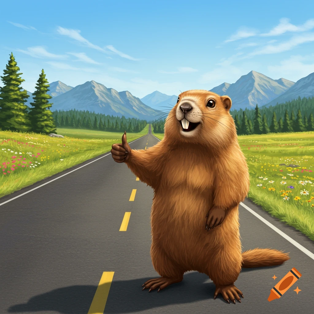 A smiling cartoon groundhog with buck teeth stands on a highway, hitchhiking with its right thumb raised, against mountains and trees.