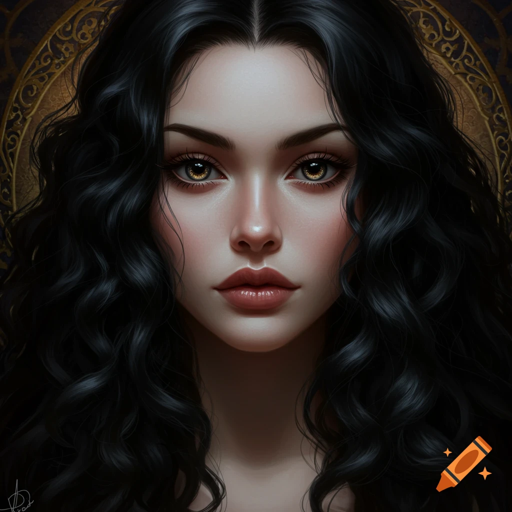 Close-up portrait of a woman with long, curly black hair, pale skin, full lips, and captivating golden eyes.