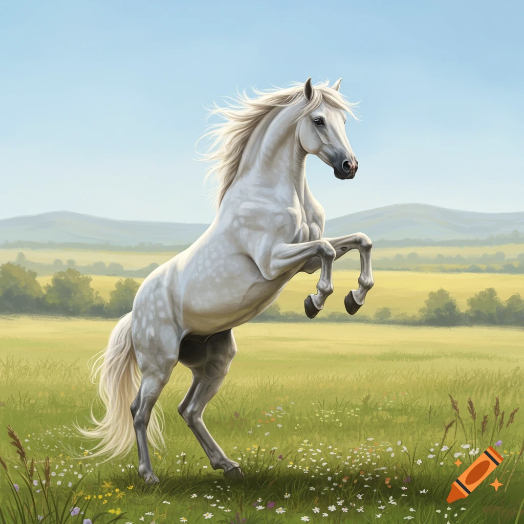 A majestic white horse rears up in a vibrant green meadow with wildflowers, under a clear blue sky and distant rolling hills.