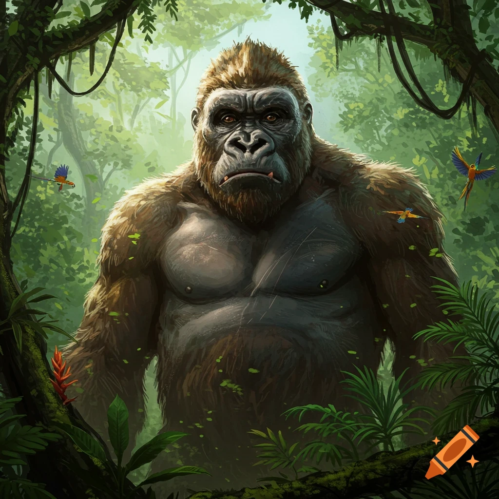 A powerful gorilla stands in a lush, verdant jungle, framed by vines, with two colorful birds flying in the background.