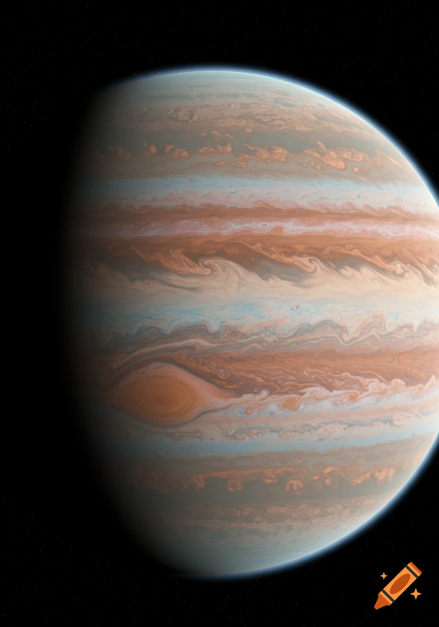 A large gas giant planet with swirling orange, brown, and blue atmospheric bands against a dark, starry space background.