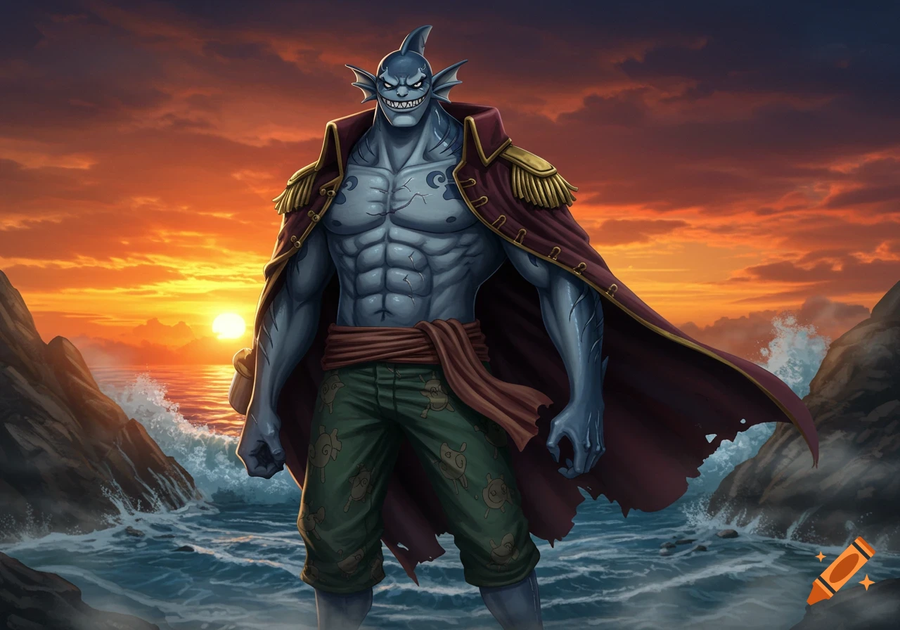 A muscular shark fishman character from One Piece stands on a rocky shore at sunset, wearing a red cape and green pants.