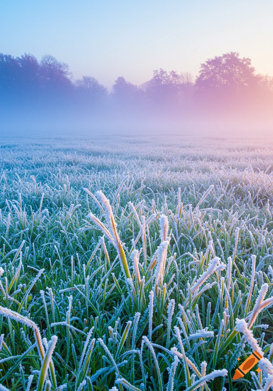 A field covered in white frost under a misty dawn sky with blue and pink hues, leading to dark trees in the background.