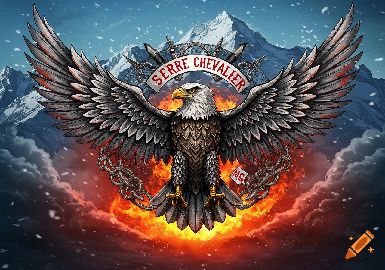 Illustration of a majestic eagle with spread wings, fiery base, chains, and snowy mountains. A banner reads 'SERRE CHEVALIER'.
