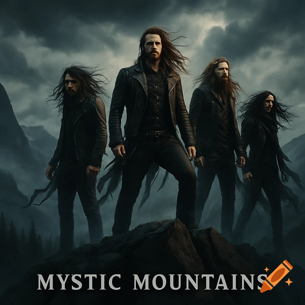A dark, moody photorealistic image of a metal band with long hair and beards, standing on a mountain against a cloudy sky, with the text "MYSTIC MOUNTAINS" at the bottom.