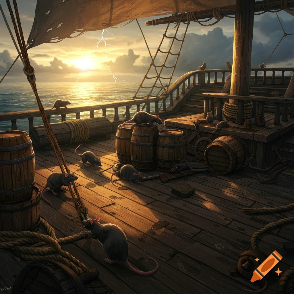 A ship's wooden deck with many rats scuttling around barrels, under a stormy sunset sky with lightning over the ocean.