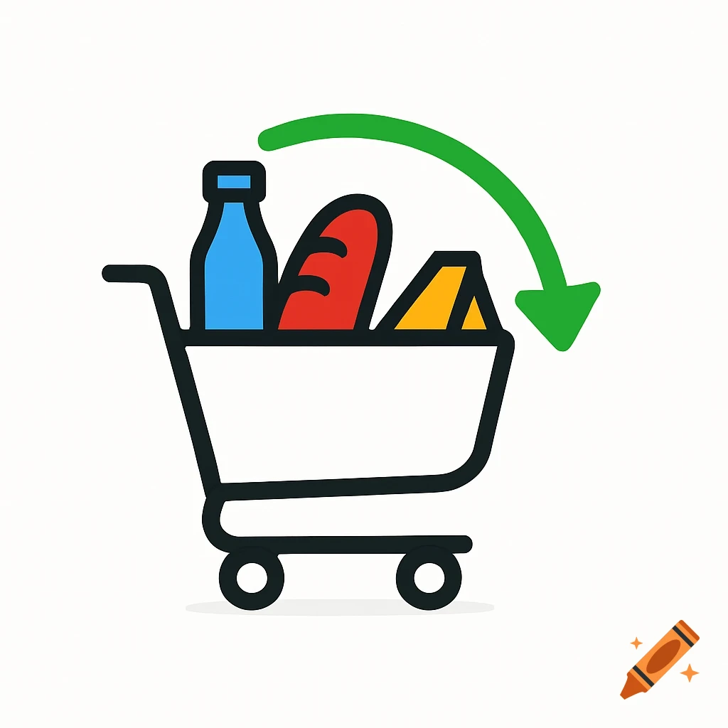 Minimalist icon of a white shopping cart filled with groceries and a green downward-curving arrow.