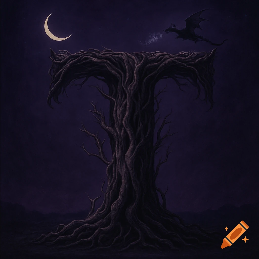 A large letter T formed by twisted dark tree branches and roots against a deep purple night sky with a crescent moon and a small dragon breathing smoke.