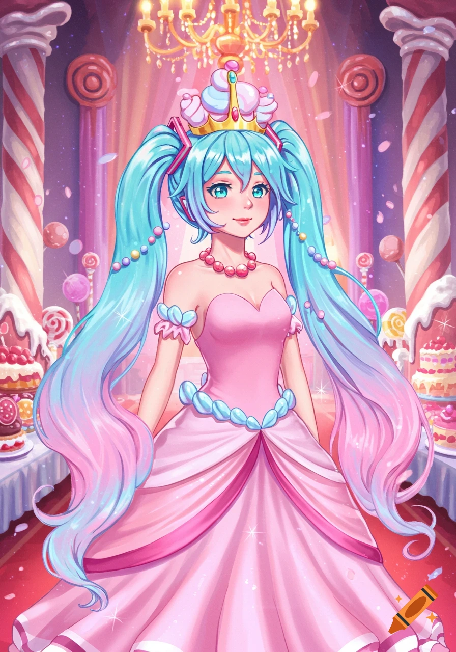 An anime girl with blue pigtails in a pink princess gown and candy crown, standing in a vibrant candy kingdom.