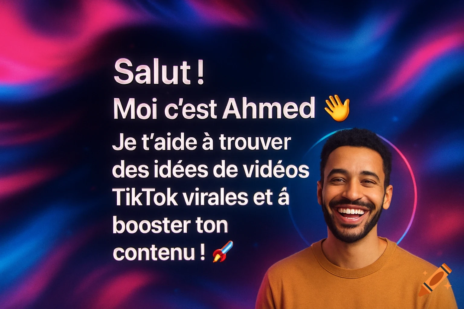 A smiling man in an orange shirt with text about finding viral TikTok video ideas on a blurred pink and blue background.