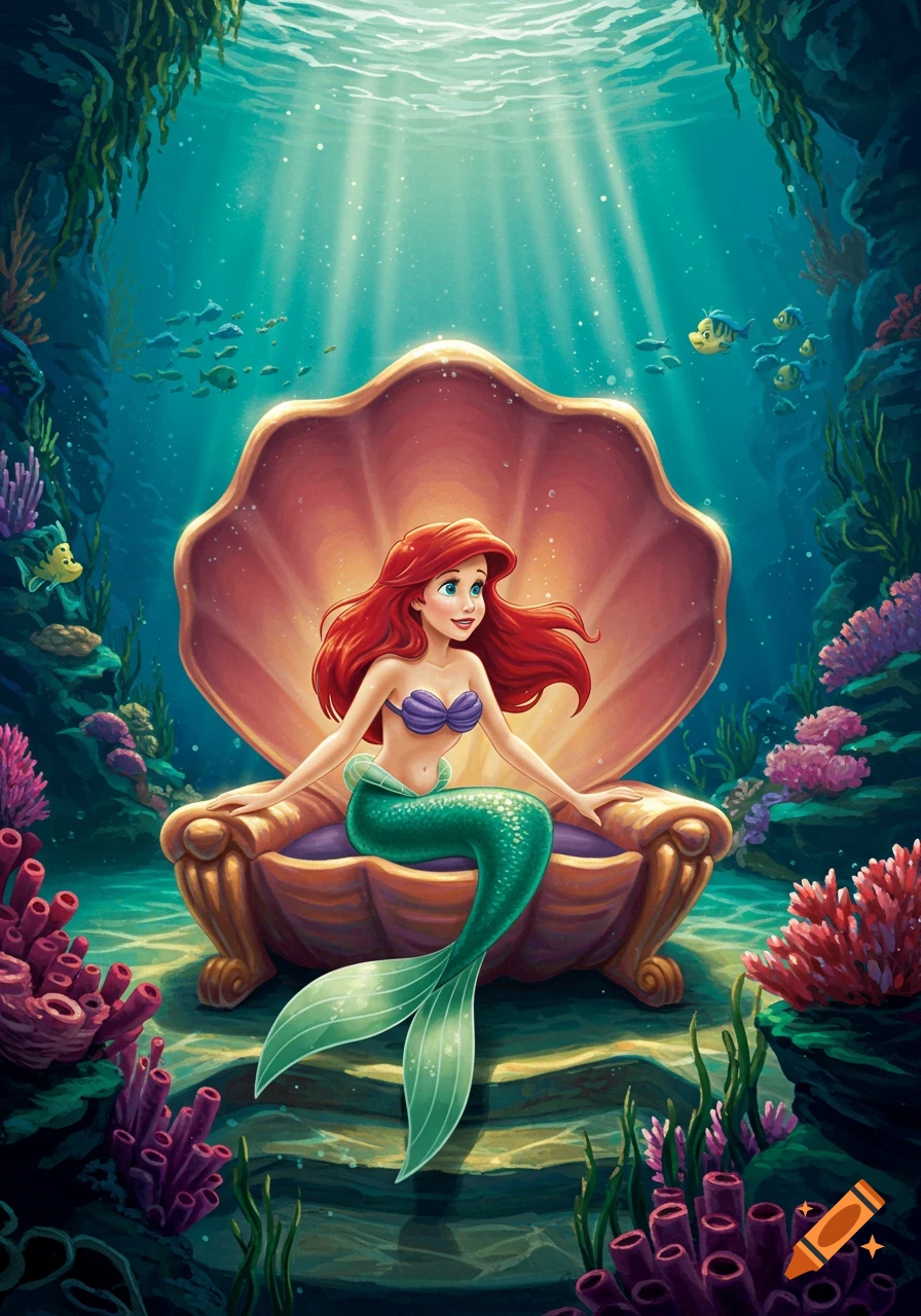 Ariel from The Little Mermaid sits in a golden clamshell throne underwater, surrounded by vibrant coral and fish in an illustration.