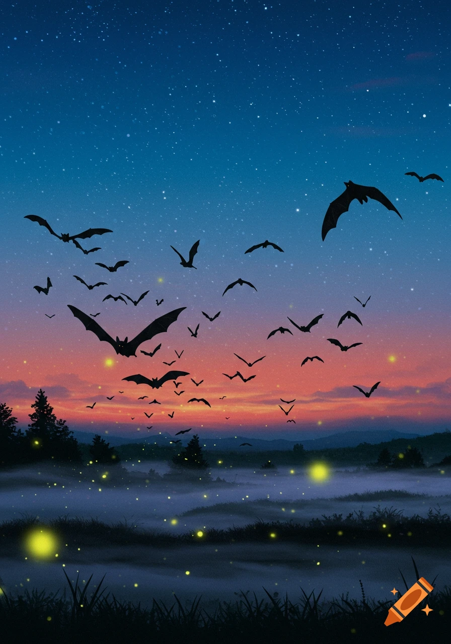 Silhouettes of bats flying across a starry twilight sky over a misty forest and field with glowing fireflies.