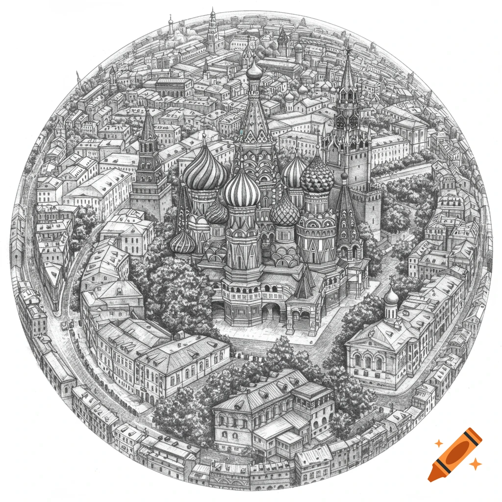A detailed black and white pencil drawing of Moscow city with St. Basil's Cathedral at the center, viewed from a high circular perspective.